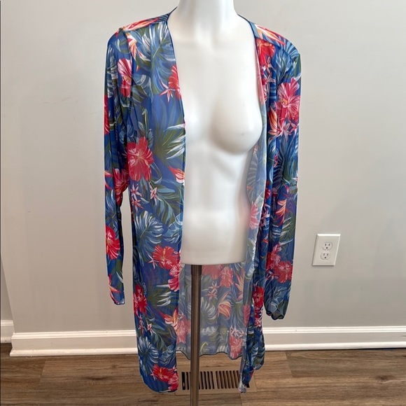 XL Sheer Tropical Floral Blue Swim Cover-Up - Picture 1 of 7